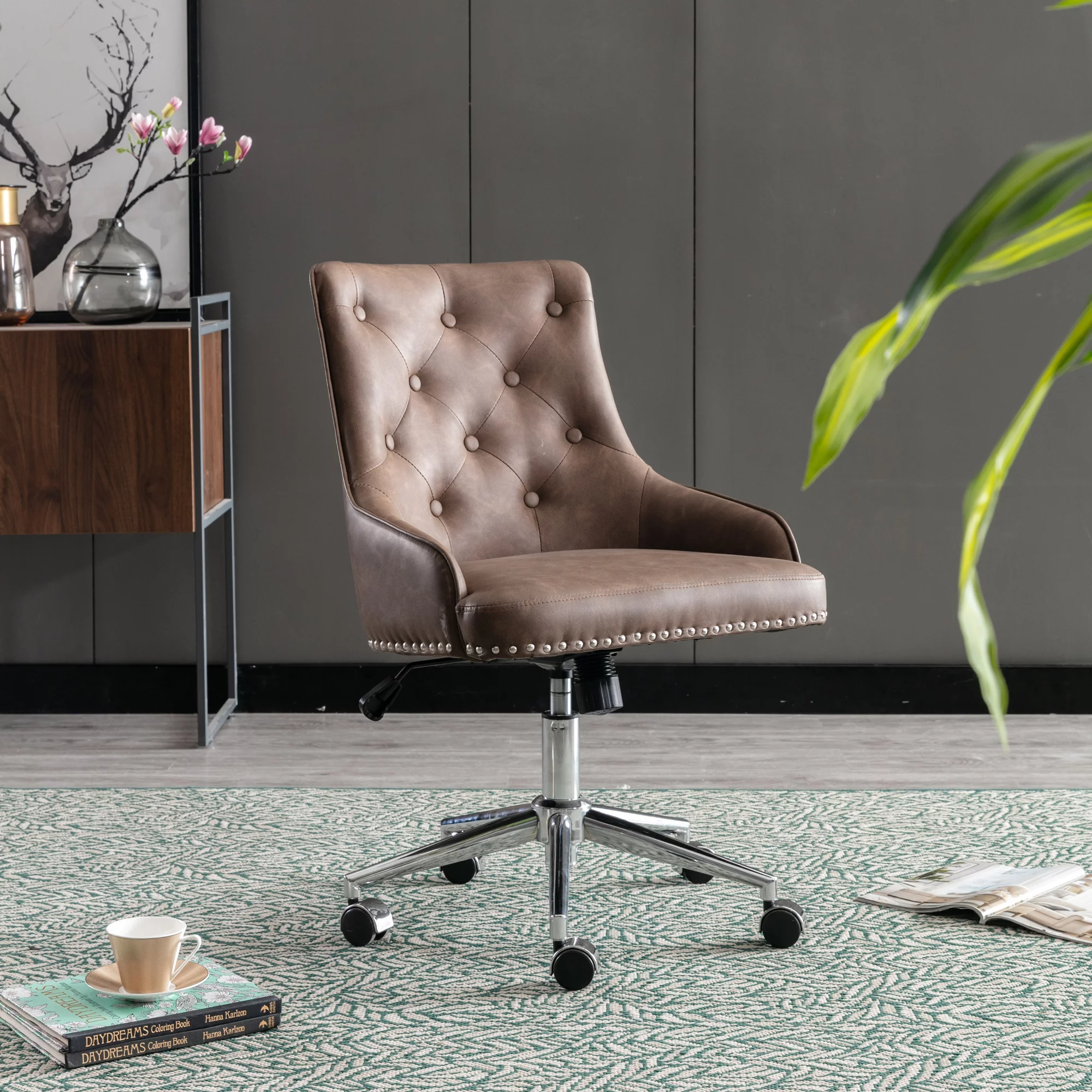 HengMing Office Desk Chair, Adjustable Accent Chair with Wheels and Arms for Study Living Bedroom, Brown