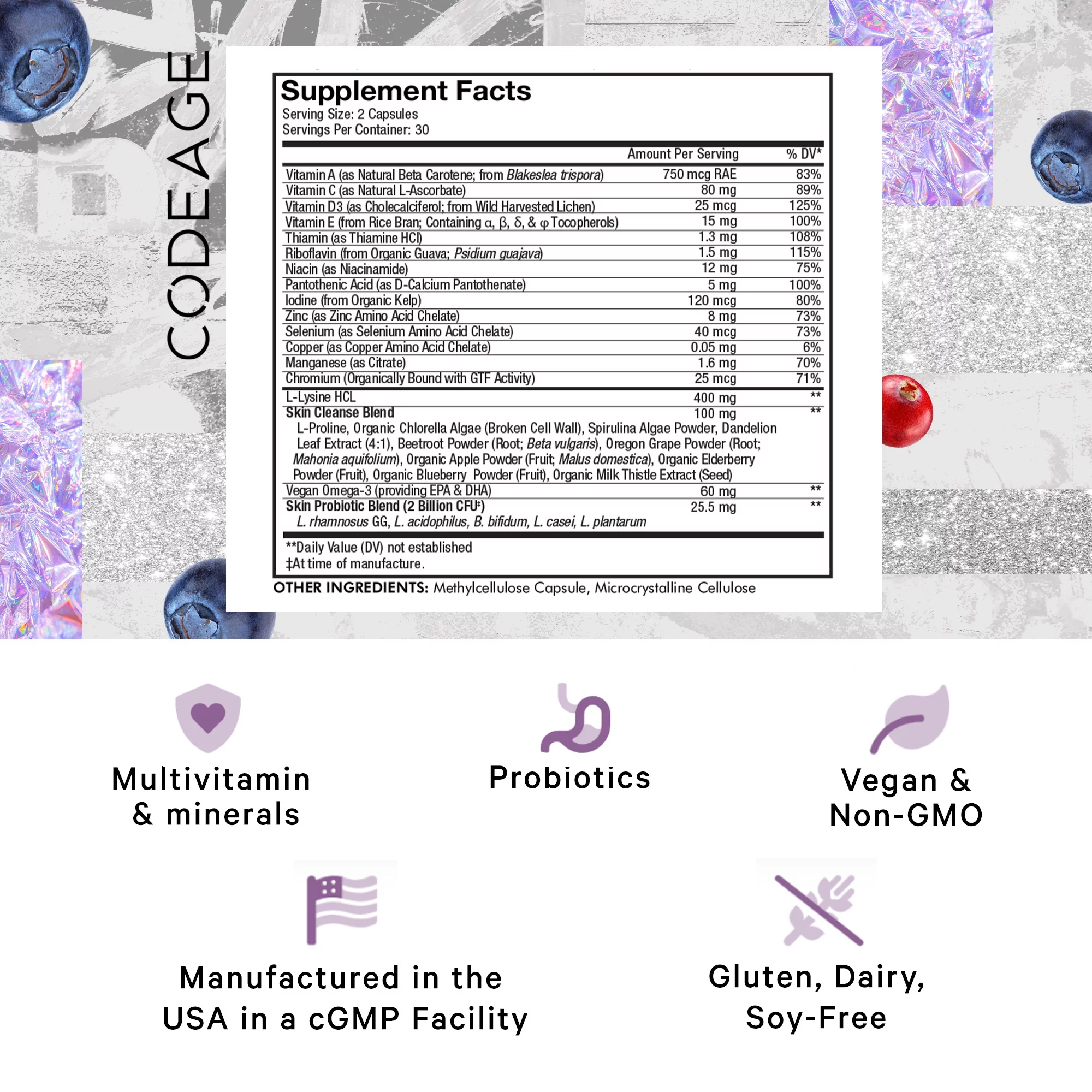 Codeage Teen Clearface, Vitamins A, C, D3, E, Pantothenic Acid, Niacin, Zinc, Probiotics, Omega-3, 60 ct