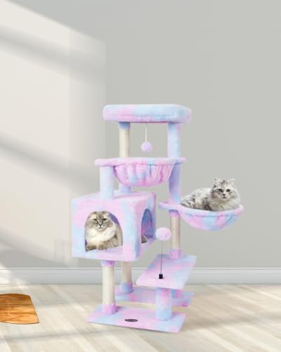 KIYUMI Cat Tree Cat Tower Condo with Sisal Scratching Post for Indoor Cats Cat Tree Cat Furniture with Hammock Perch and Kitten Ball Toys, Multi-Level Pet Activity Center Rainbow