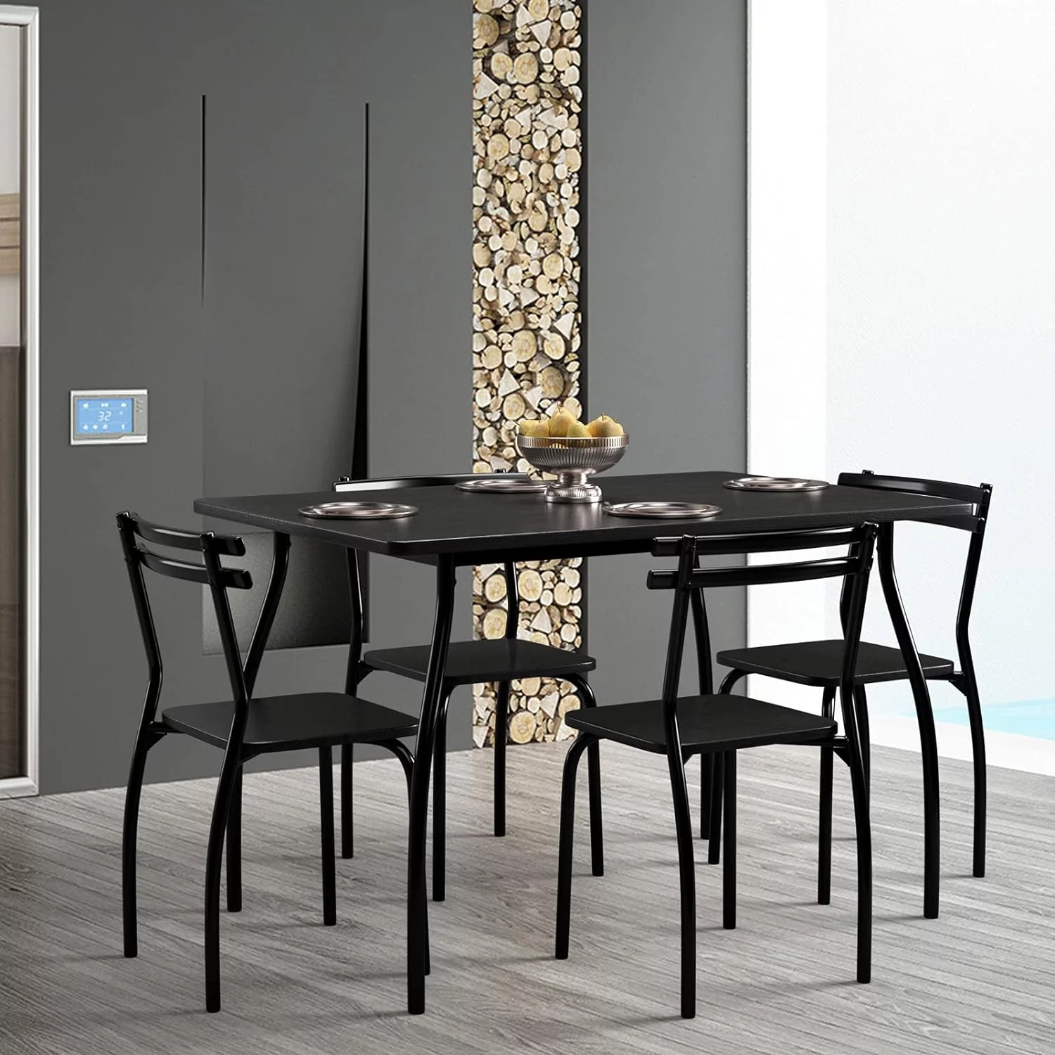 For 4, Modern Metal And Wood Indoor Rectangular Dining Table Furniture Set For Dining Room, Kitchen, Dinette, Table And 4 Chairs W/Metal Legs
