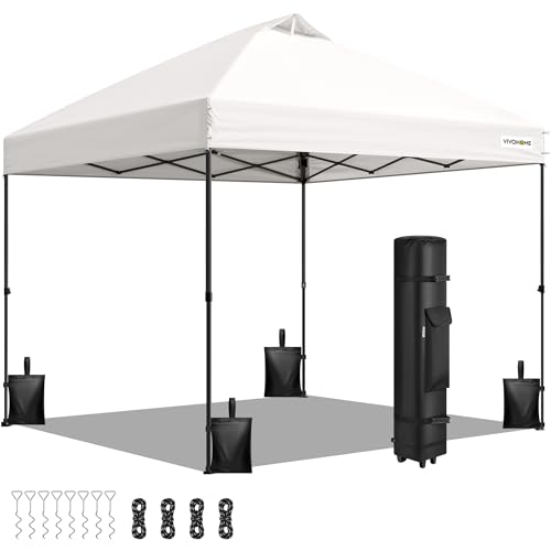 VIVOHOME 10x10ft Pop Up Canopy Tent One Push Setup Outdoor Portable Shelter Tent Heavy Duty with Wheel Carry Bag and 4 Sandbags, White