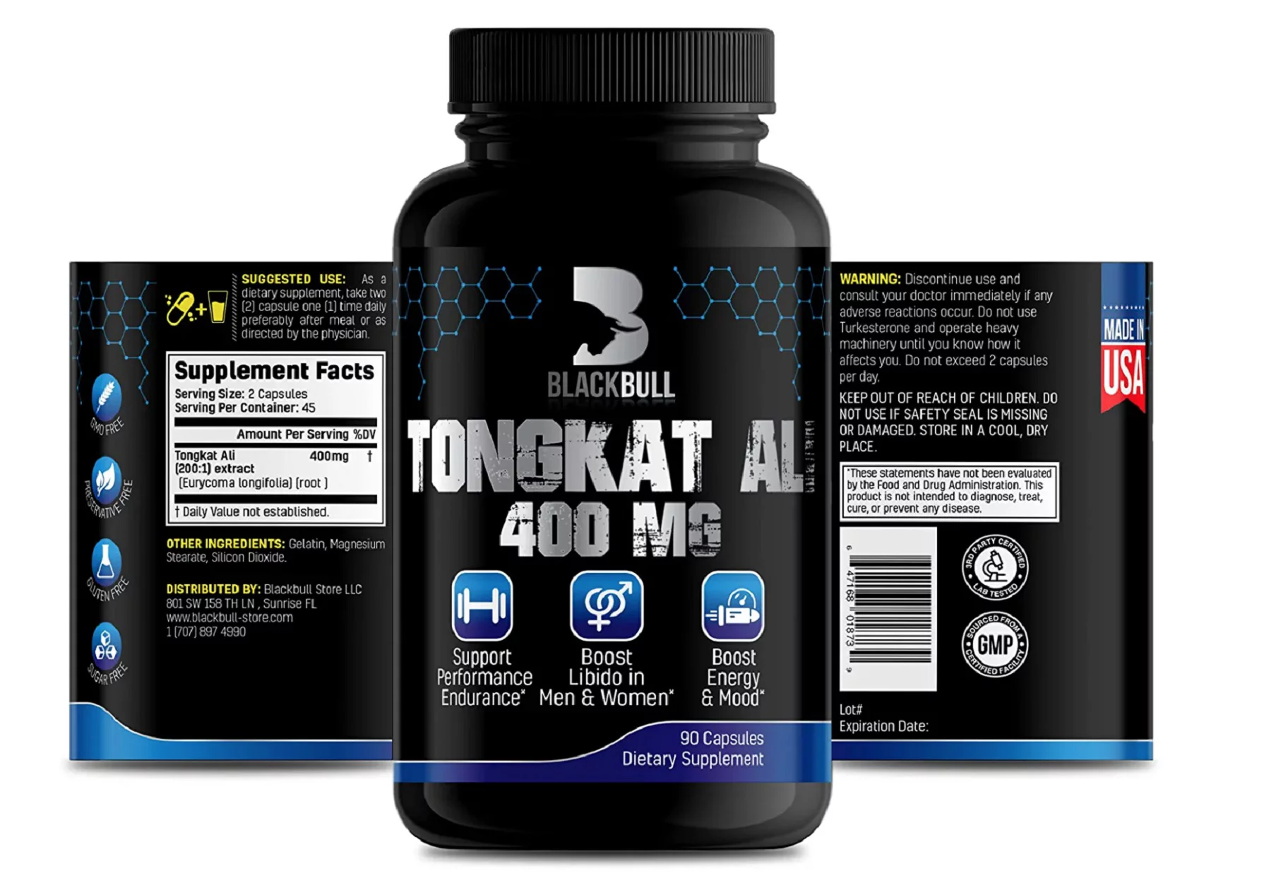 BlackBúll Tongkat Ali Extract 400 Mg-Eurycoma Longifolia, Tongkat Ali for Men 90 Capsules, 45 days supply , Supports Energy, Stamina and Immune System for Men and Women.Non GMO Vegan Capsules