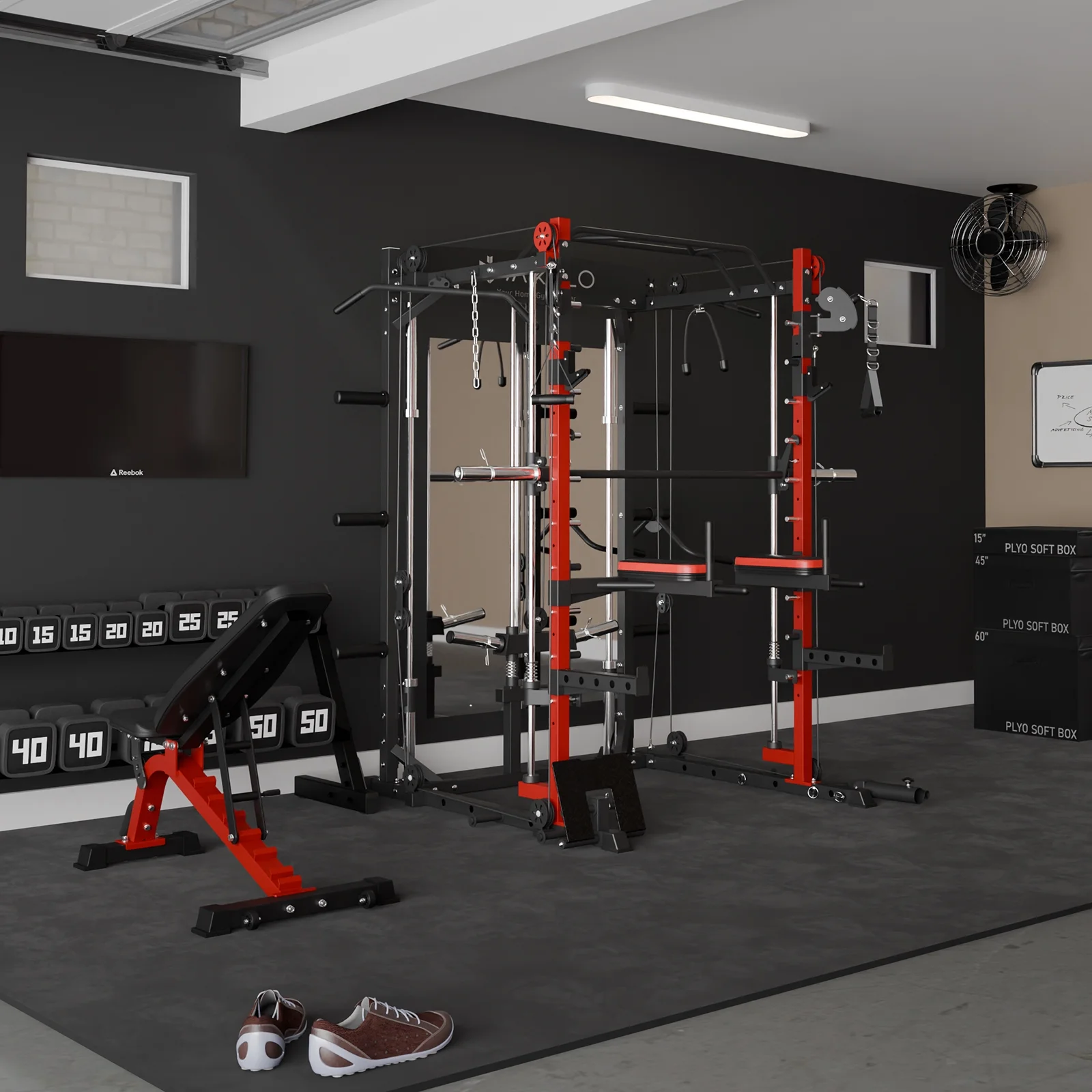 Mikolo Smith Machine Home Gym, 2000lbs Squat Rack with 800 lbs Weight Bench Combo, Training Equipment with LAT-Pull Down System & Cable Crossover Machine
