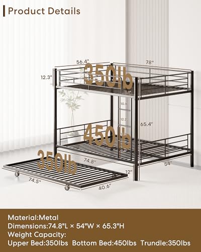 Full Over Full Bunk Bed with Trundle, Heavy Duty Metal Bed Frame with Full-Length Guardrails & Ladder, 3-in-1 Convertible Full Bunk Bed, Noise-Free, No Box Spring Needed, Black