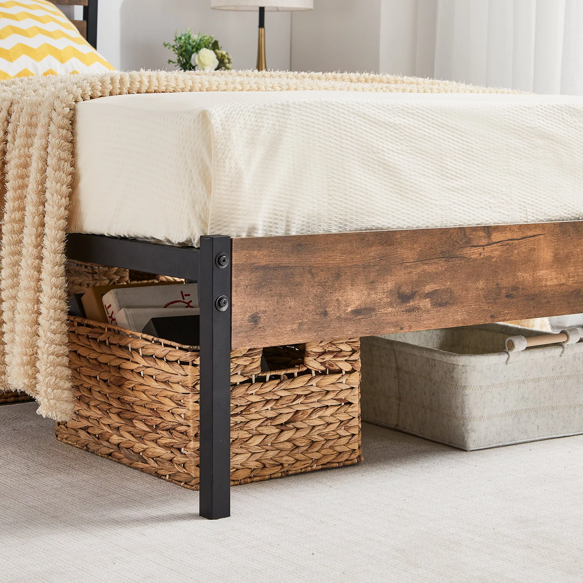 VECELO 3-Piece Bedroom Set Full Bed Frame and 2 Brown Nightstands