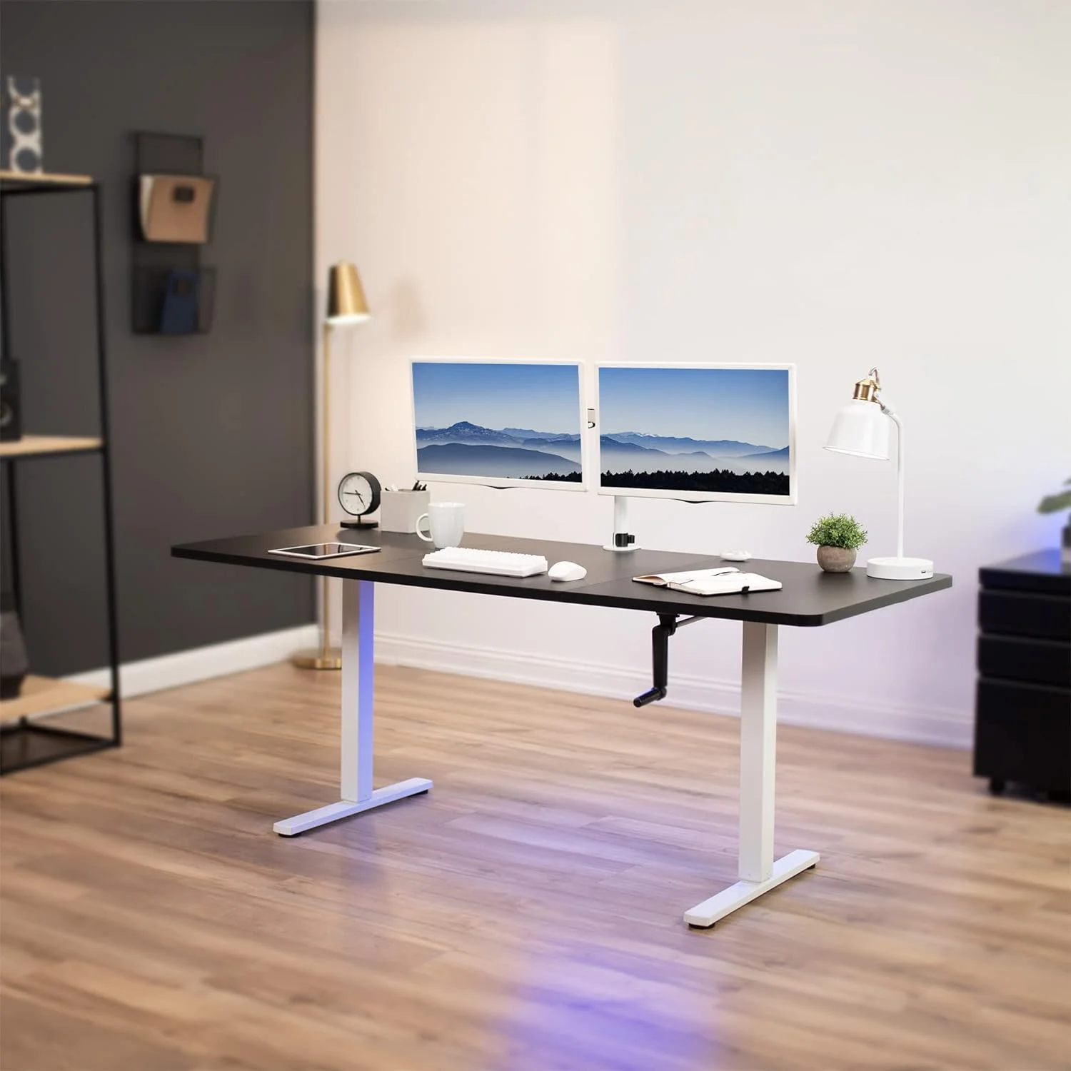 Manual Height Adjustable 71 X 30 Inch Stand Up Desk, Black Table Top, White Frame, Standing Workstation With Foldable Handle, DESK-KIT-MW7B