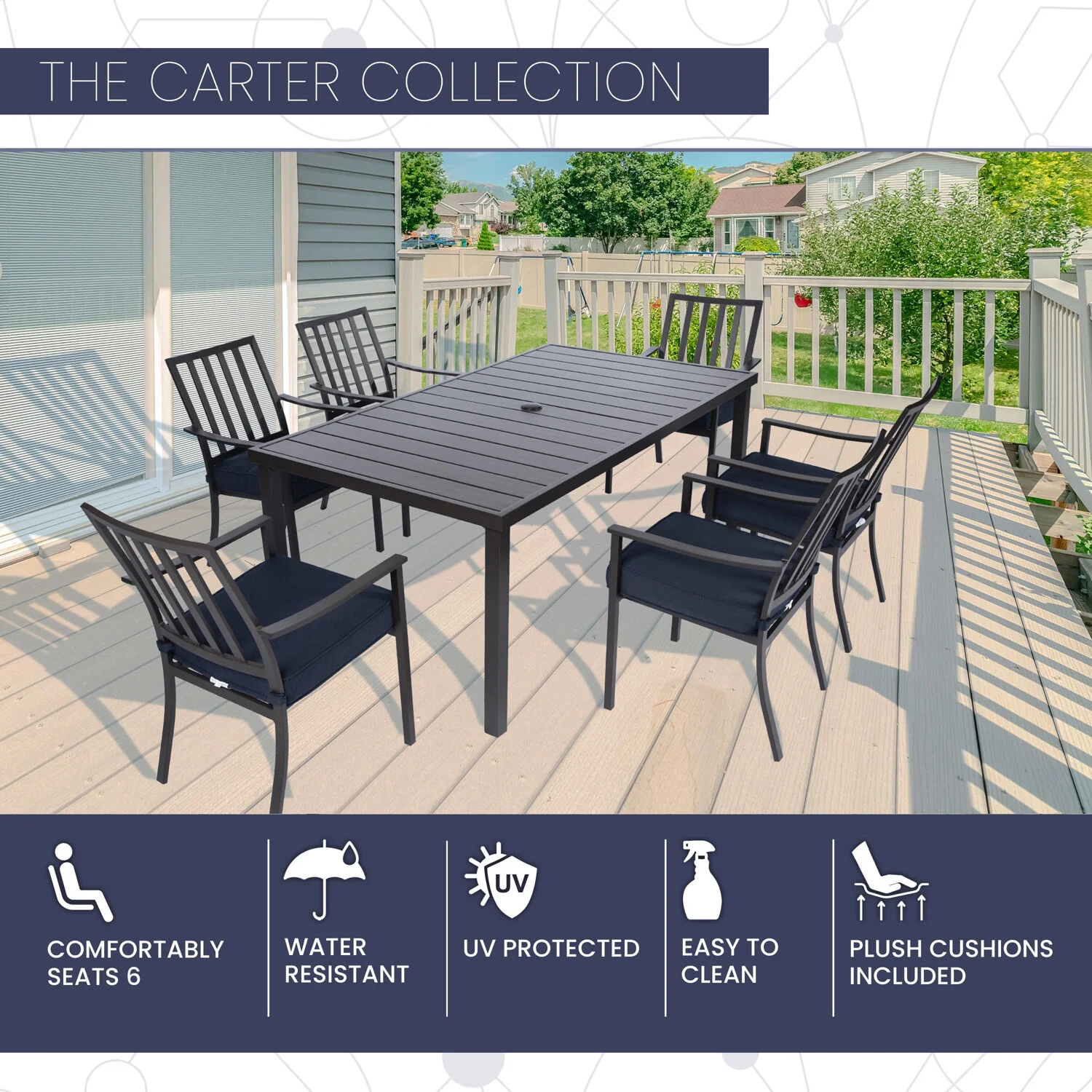 Mod Furniture Carter 7-Piece Modern Outdoor Patio Furniture Dining Set with All-Weather Aluminum Frames, 6 Padded Dining Chairs and 72
