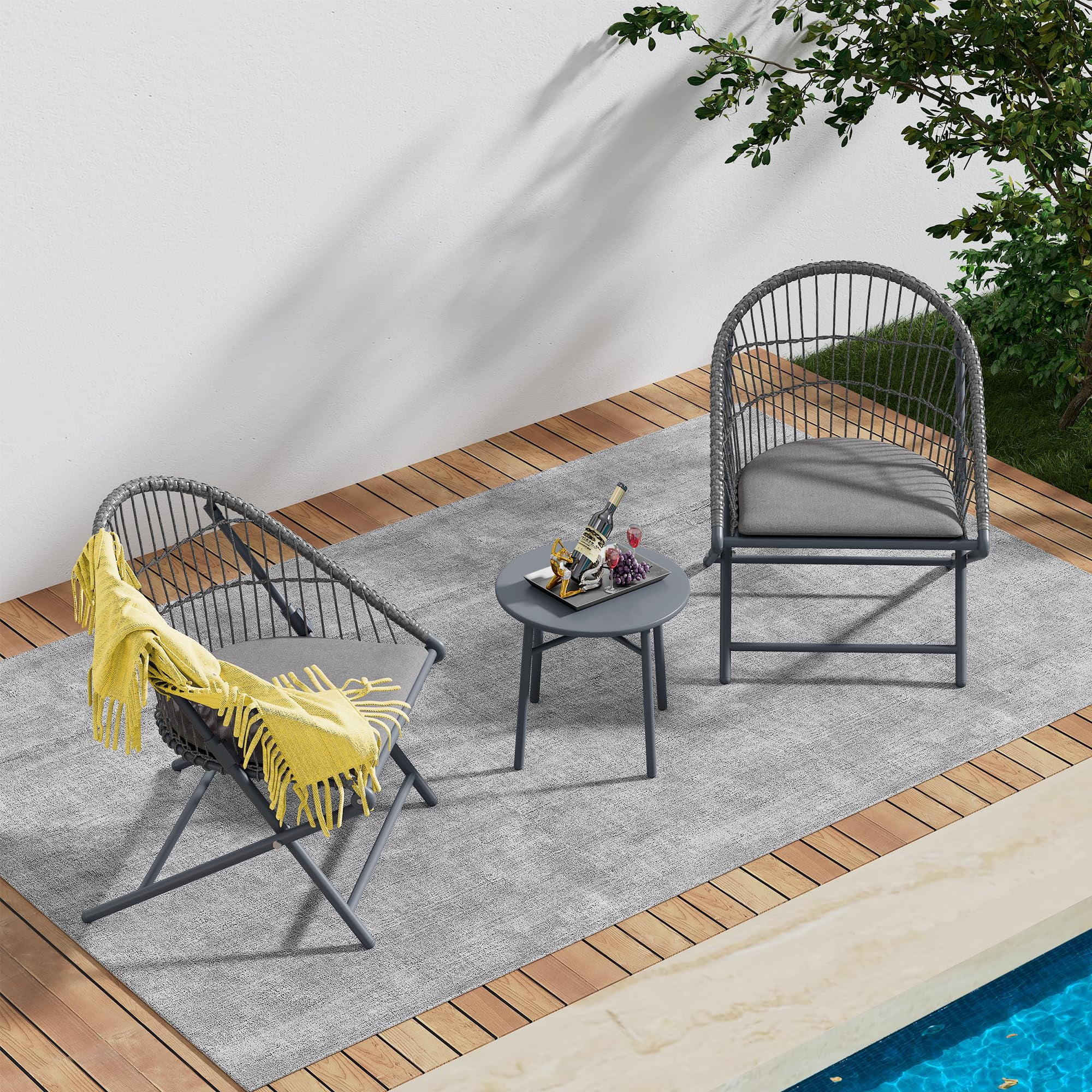 Patio Chairs with Table, Wicker Patio Furniture Set with Folding Function, Balcony Furniture, Outdoor Furniture for Porch Backyard Garden Deck Poolside, Folding Chairs/Dark Grey, Set of 3