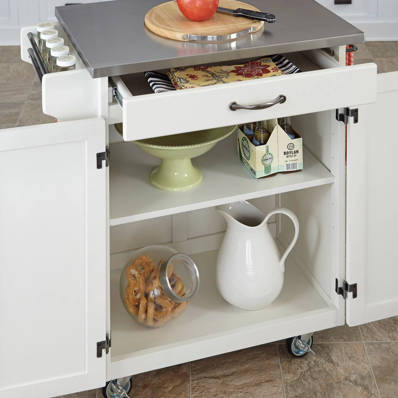 Homestyles Cuisine Cart Off White Wood Kitchen Cart-Finish:White,Option:Stainless Steel