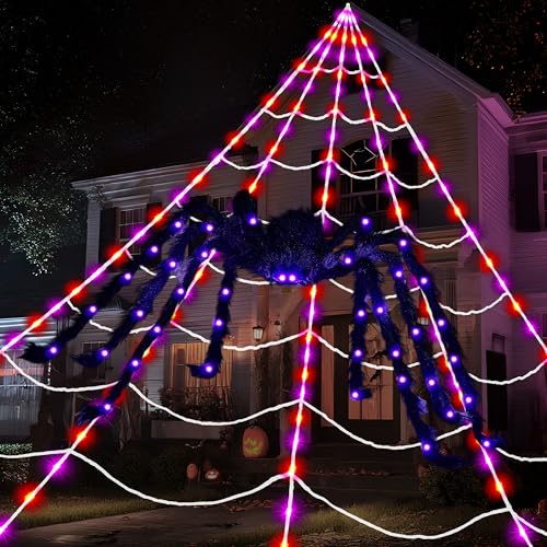 JOYIN Halloween Spider Web and 59'' Giant Light-up Spider, 16.4 x 15.7 Ft Large Lighted Triangular Spiderweb with 8 Lighting Modes for Patio, Garden, Yard Haunted House Indoor Home Party Outdoor Decor