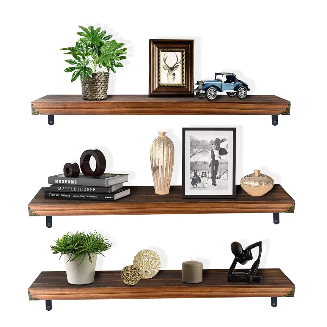 Natural Wood Floating Shelves Wall Mounted Farmhouse Wooden Shelf for Wall Decor Storage Rack Display Ledge Shelf Long Thick Wide Shelves Home Decor for Bathroom Bedroom Fire Wood 30′′-Set of 3