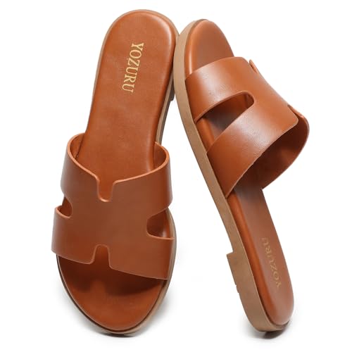Yozuru Womens Flat Sandals Open Toe Dressy Summer Sandals Comfortable Casual Slip on Leather Slides Sandals for women