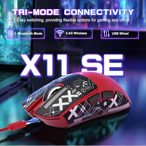 Attack Shark X11SE Lightweight Wireless Gaming Mouse, Tri-Mode 2.4G/USB-C Wired/BT, 22K DPI, PAW3311 Optical Sensor, 59g, 5 Programmable Buttons, 300mAh Battery for PC/Mac((Berry Red)