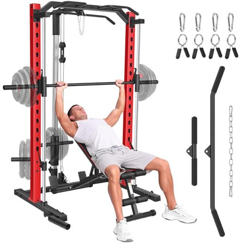 Smith Machine with LAT-Pull Down, Multi-Functional Smith Machine, Power Cage with Cable Crossover, Squat Rack with Landmine, Barbell Bar, Plate Storage Pegs and More Training Attachment