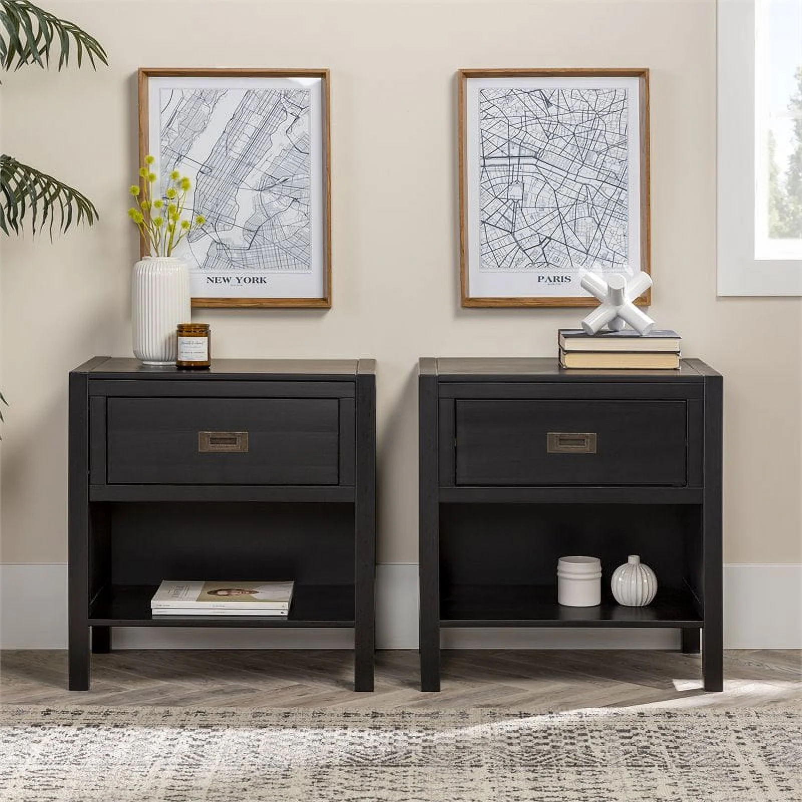 Lydia 2-Piece 1-Drawer Classic Solid Wood Bedroom Nightstand Set in Black
