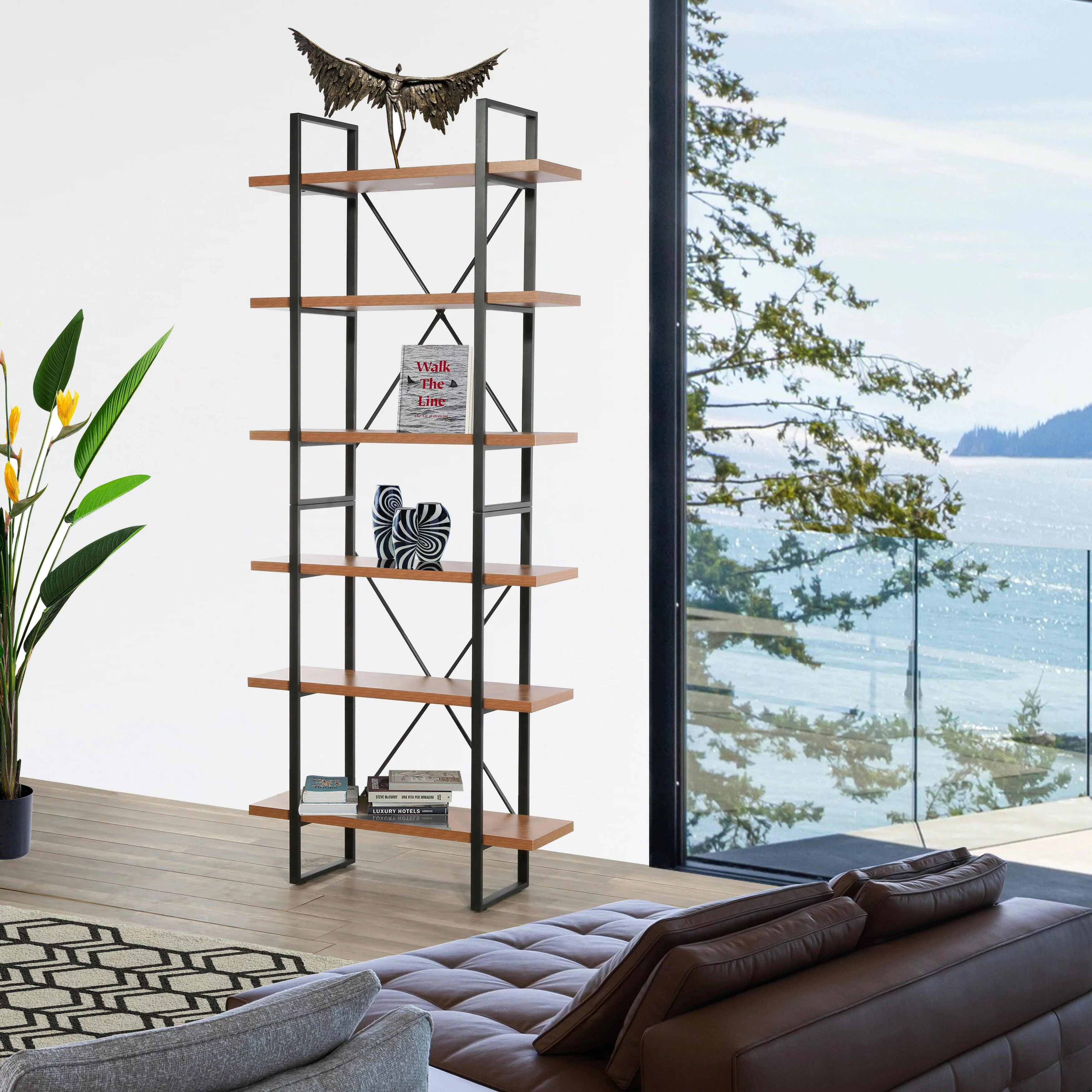 Brittany Adjustable JD Walnut Wood and Metal Display and Steel Etagere Bookcase - 85.85'' x 35'' x 12.52''