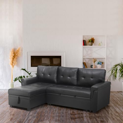 Naomi Home 85 in. Convertible Sofa with Storage, Reversible L Shape Sofa Couch with Chaise, Comfy Sectional Couches for Living Room - Black,Air Leather