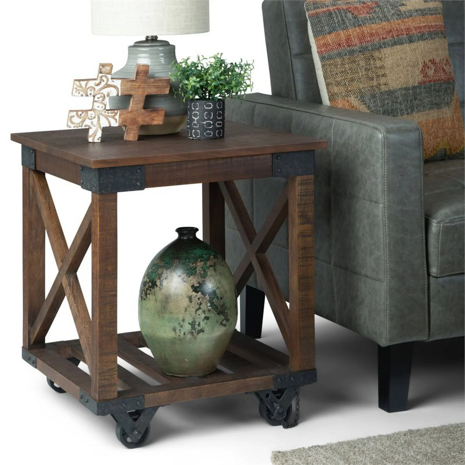 Pemberly Row Farmhouse Solid Wood End Table in Distressed Dark Brown