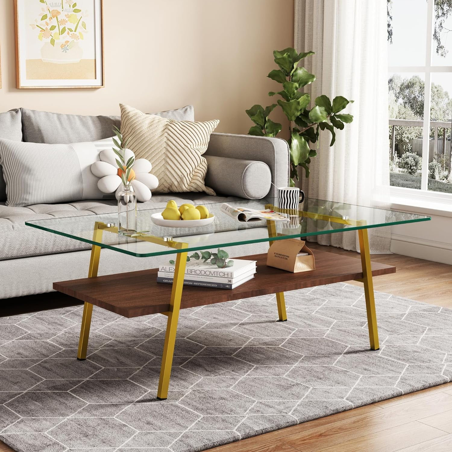 BJSN Glass Coffee Table for Living Room Small Gold Mid Century Coffee Table for Living Room with Wood Shelves (Black Frame, Transparent Glass   Brown Wood)