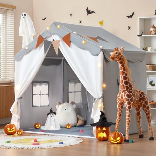 Besrey Kids Playhouse 2 in 1 with Padded Mat and Lights, Large Play Tent with 2 Doors & 4 Windows, Indoor & Outdoor, Christmas Toddler Tent, 51