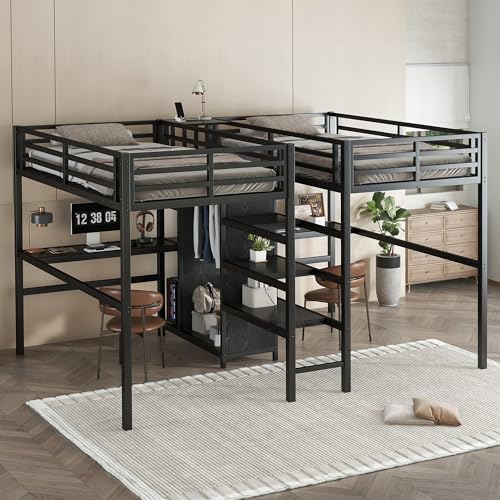Twin Size Double Loft Bed with Desks, Heavy Duty Metal Loft Bed Frame with Charging Station, Wardrobe & Storage Shelves, Noise Reduced, Black+Natural Wood