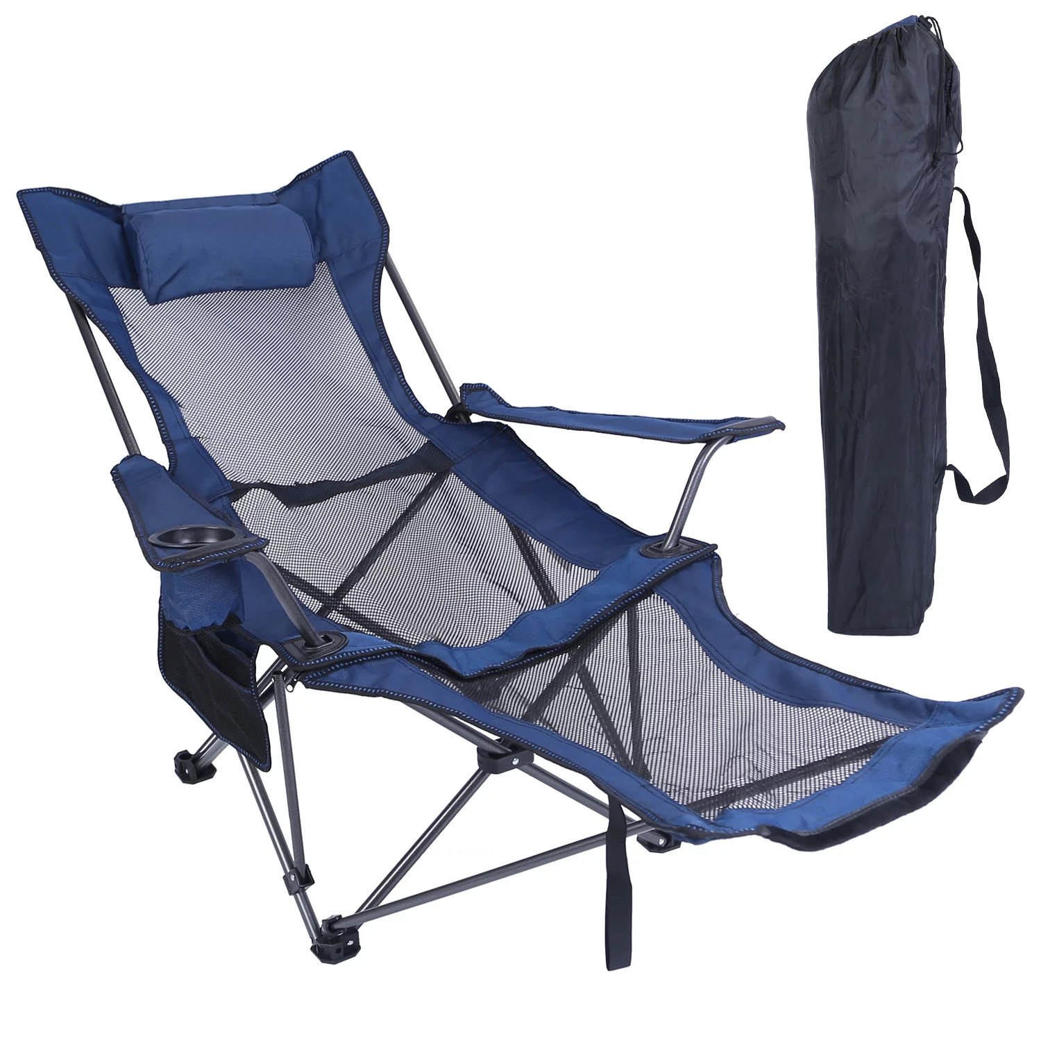 Reclining Camping Chair, iMounTEK Heavy Duty Steel Lawn Chair with Cup Holder Pillow Side Pocket Carry Bag, 330lbs Capacity