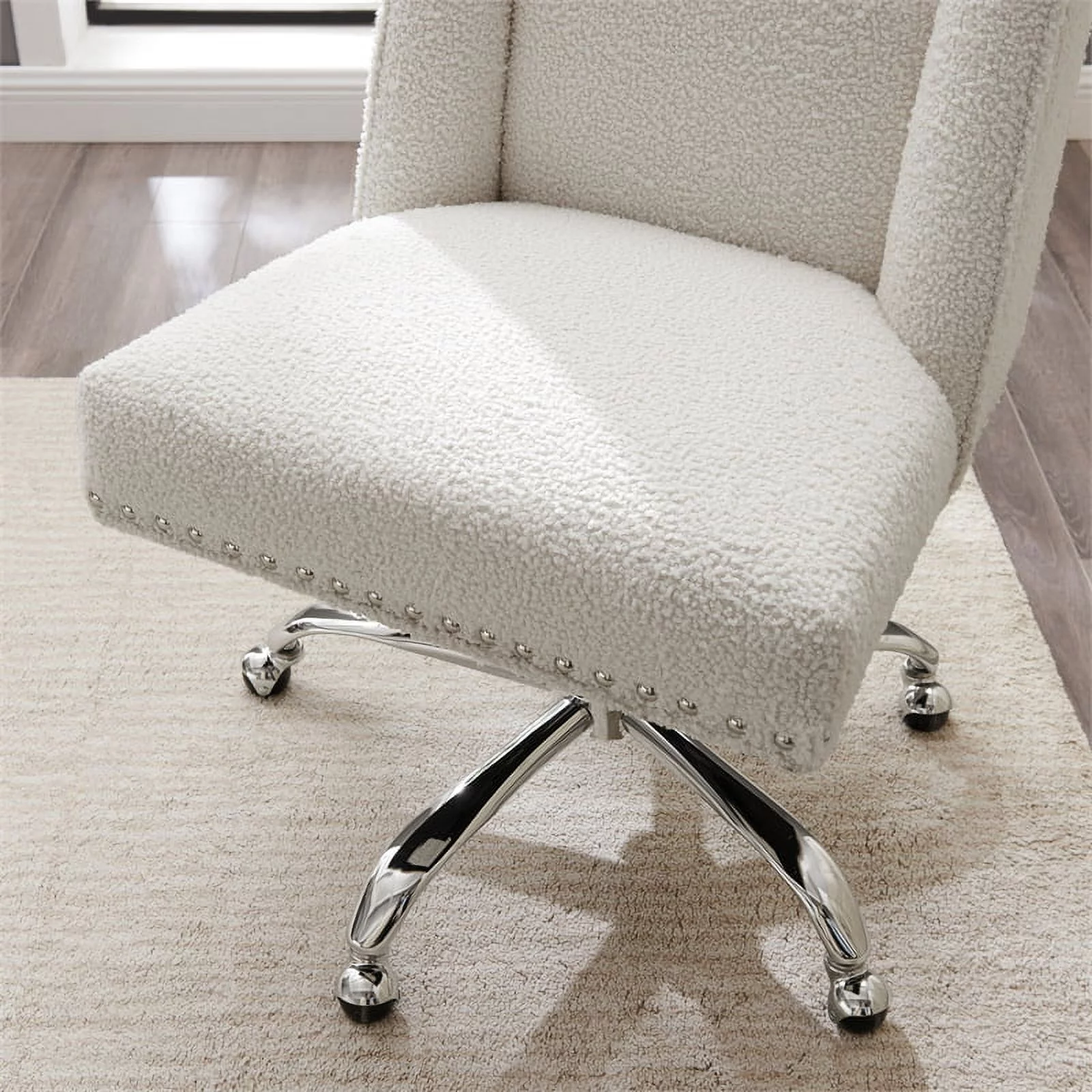 Riverbay Furniture Upholstered Swivel Office Chair in Cream Sherpa