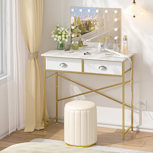 Small Vanity Desk No Mirror for Kids Bedroom, 31.5 Inch Vanity Table with Drawers, Makeup Vanity Desk for Narrow Spaces, White Dreessing Table(No Mirror)