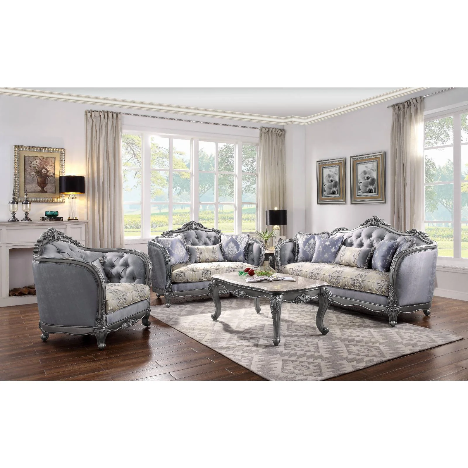 ACME Ariadne Fabric Button Tufted Chair with 1 Pillow in Platinum Gray