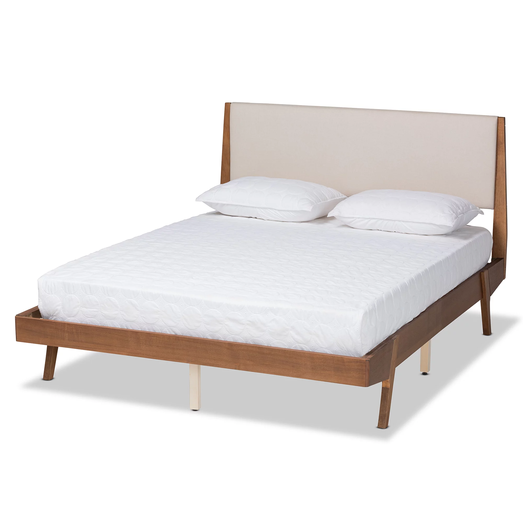 Baxton Studio Sennae Mid-Century Modern Beige Fabric Upholstered and Walnut Brown Finished Wood King Size Platform Bed