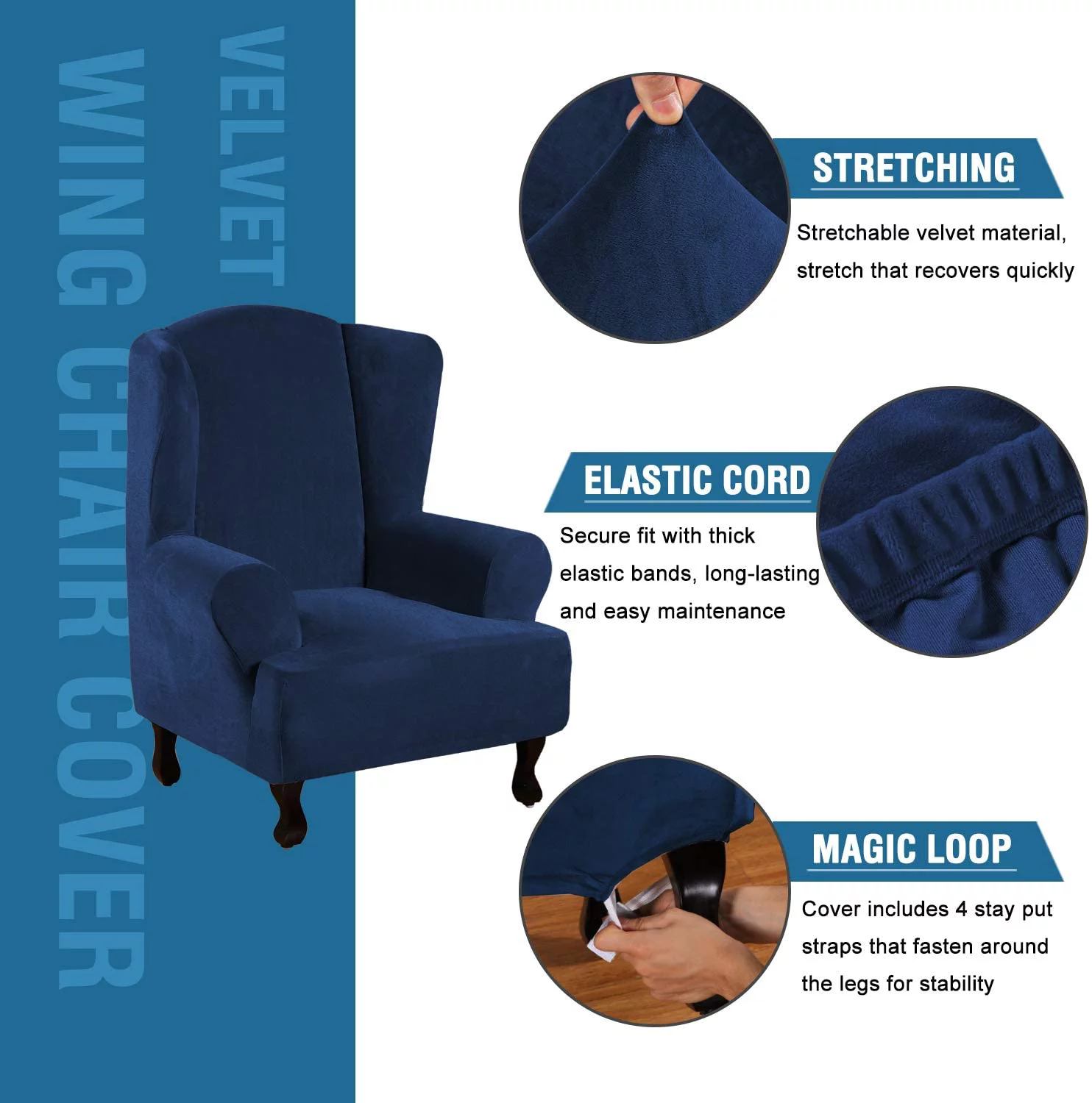 Enova Home Super Stretch Velvet Slip Resistant Stylish Wingback Chair Slipcover with Elastic Bottom (Dark Blue)