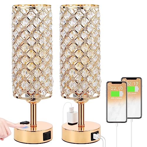 Crystal Lamp Touch Control Set of 2, Sliver Crystal Table Lamps with USB C+A Ports & AC Outlet, 3-Way Dimmable Nightstand Touch Lamp, Modern Bedside Table Lamp for Bedroom(Bulbs Included)