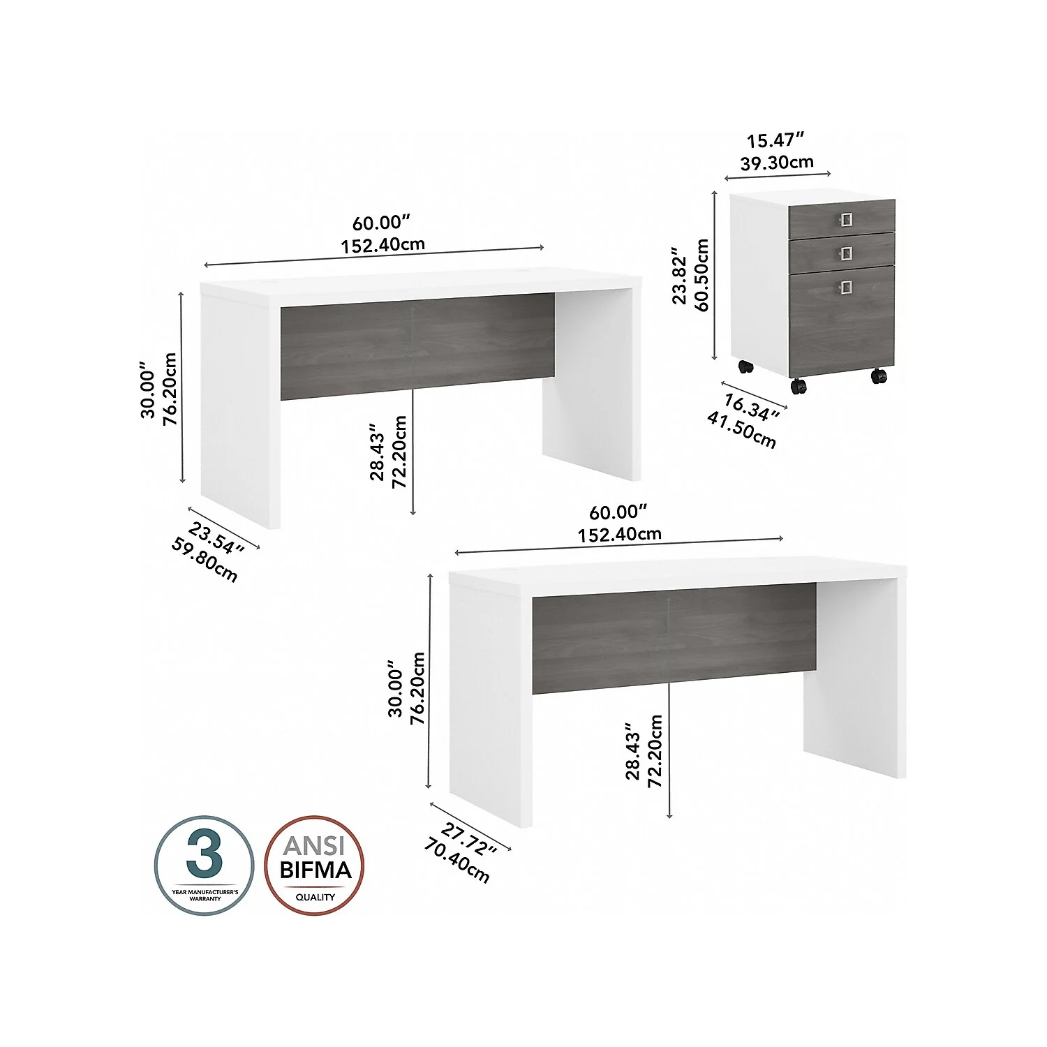Bush Business Furniture Echo Bow Front Desk and Credenza with Mobile File Cabinet Pure White/Modern