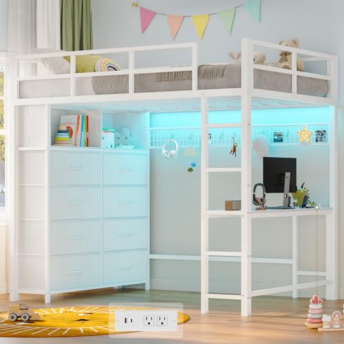 ADORNEVE Twin Size Loft Bed with Desk and 8 Storage Drawers, Metal Kids Loft Bed Twin with LED Lights & Charging Sation, Storage Shelves, 13.1