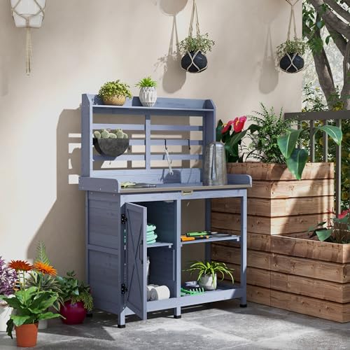 Outsunny Outdoor Wooden Potting Bench Table, Garden Workstation with Storage Cabinet, Storage Shelves for Backyard, Patio, Balcony, Natural