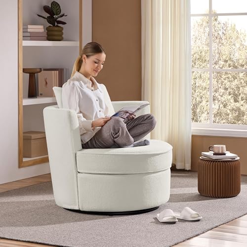 Yaheetech Swivel Barrel Accent Chair, 360 Degree Swivel Round Chairs with Removable Throw Pillow, Soft Boucle Single Arm Sofa for Living Room Bedroom Reading, White