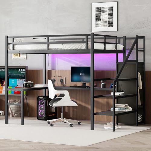 Twin XL Industrial Metal Loft Bed with L-Shaped Desk, USB, LED, Wardrobe, Adjustable Shelves, and Stairs (Black)