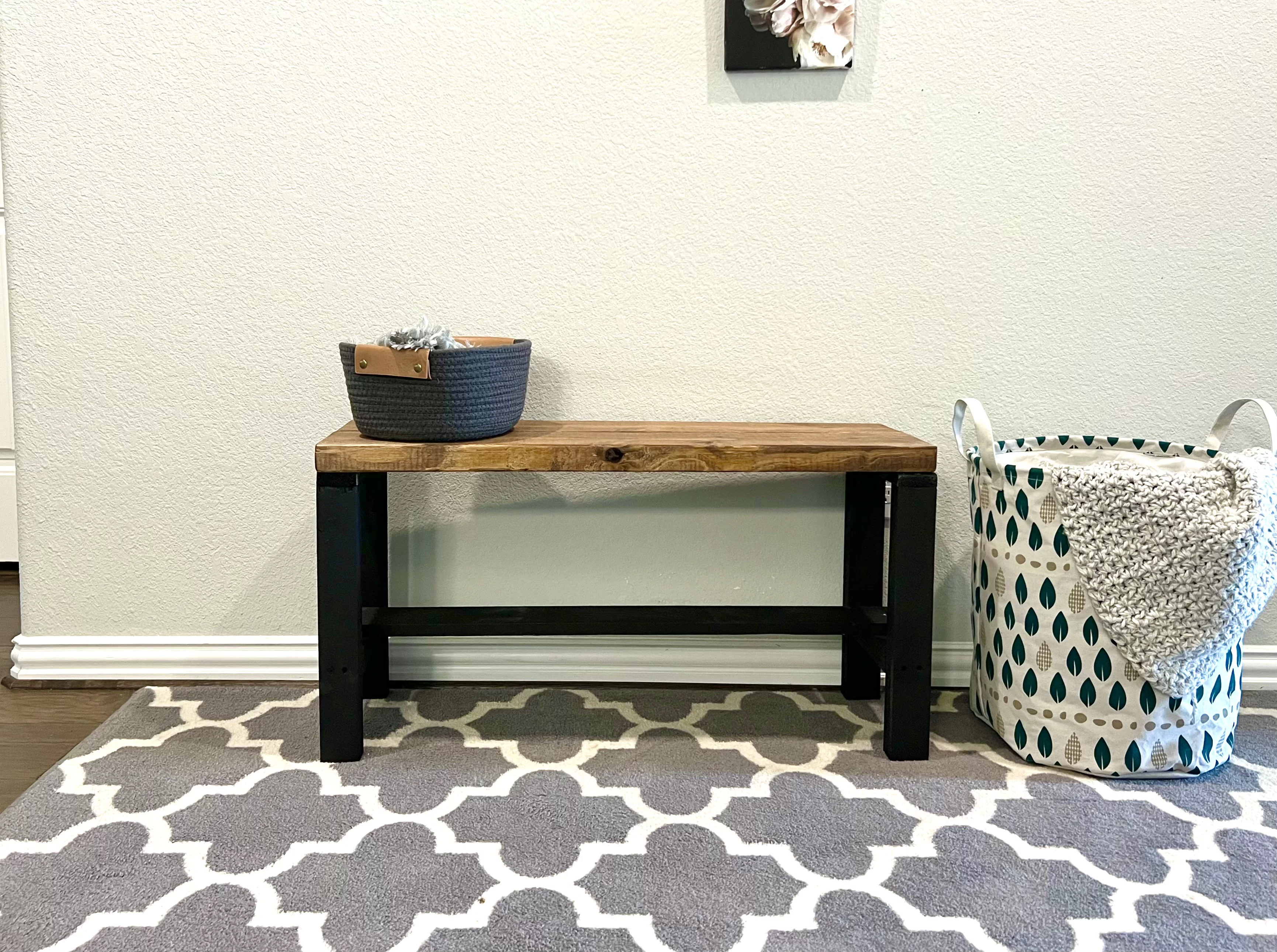 Rustic Bella Two Tone Real Solid Pine Wood Farmhouse Entryway Accent Bench, Black and Light Brown