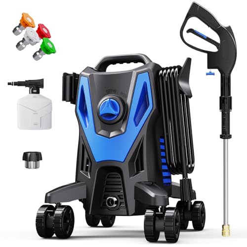 Electric Pressure Washer with Anti-Tipping, 35FT Power Cord, Cleaning Machine with Foam Cannon for Cars Fences Driveways Patios Home Cleaning Blue