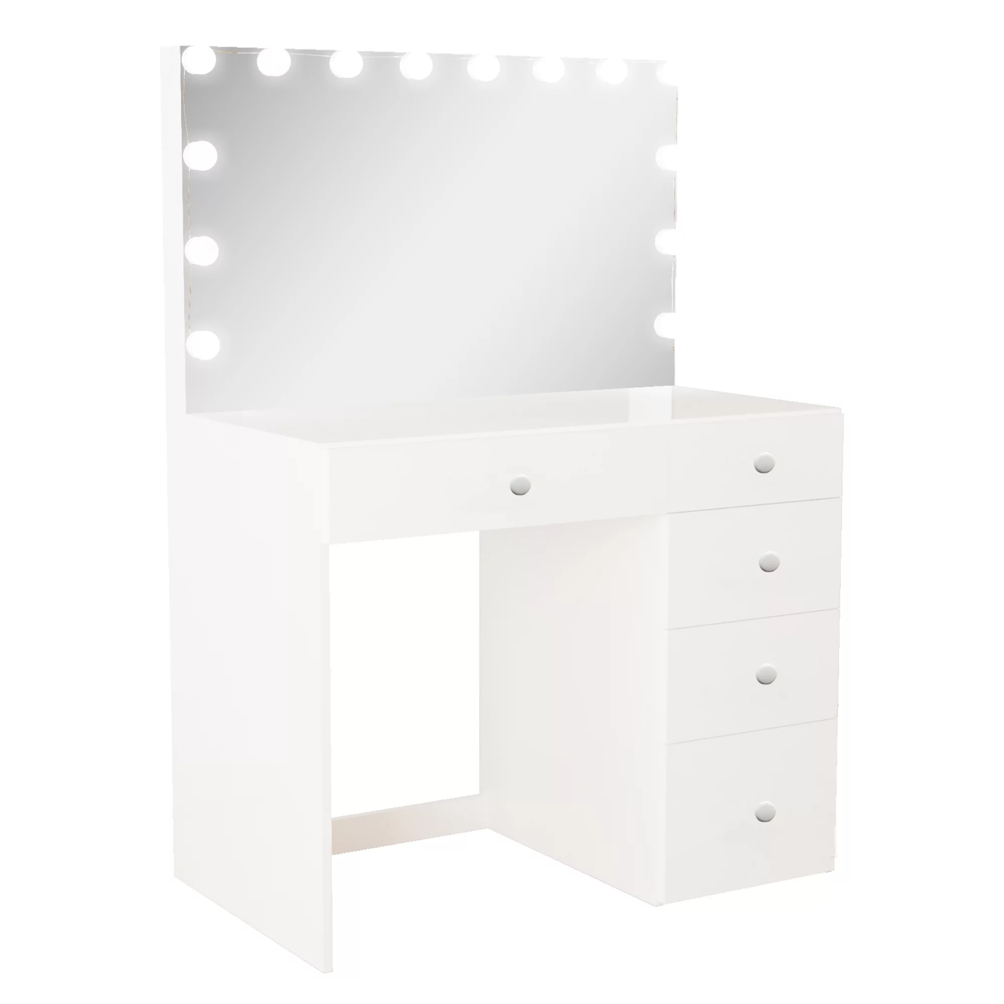 Boahaus Saranya Modern Vanity Desk with Light Bulbs, 5 Drawers, White