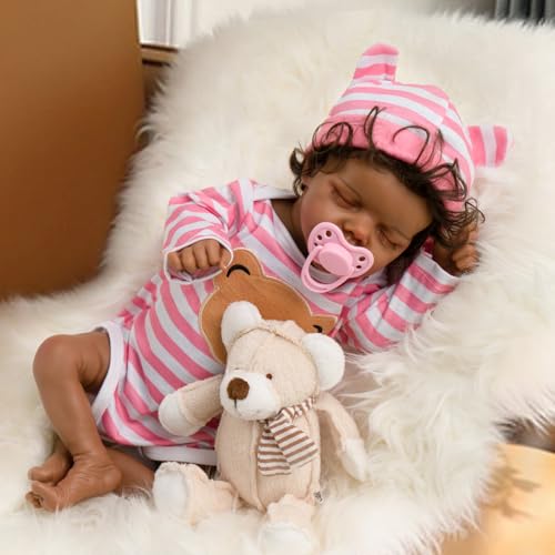 Jirachi Realistic Reborn Baby Dolls, Silicone Soft Body Real Life Baby Girl, Black Lifelike Reborn Babies with Feeding Kit & Gift Box for Kids Age 3+