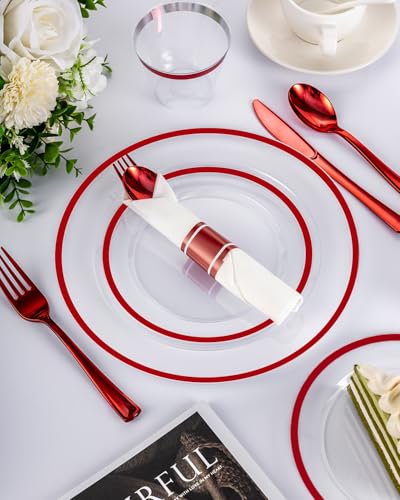 350PCS Disposable Plates Set,Clear and Black Dinnerware Sets Suitable for 50 Guests,100 Plastic Plates,50 Plastic Cups,50 Pre-Rolled Napkins with Cutlery for Halloween Party,Christmas