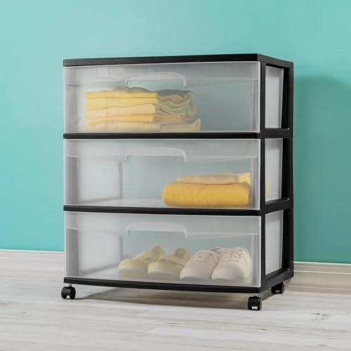 3-Drawer Wide Storage Cart – Black & Clear Design, Rolling/Stationary Organizer for Home & Office