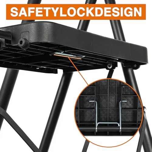3 Step Ladder, Protable Steel Folding Stool with Wide Anti-Slip Pedal, 500lbs Sturdy Steel Ladder, Black
