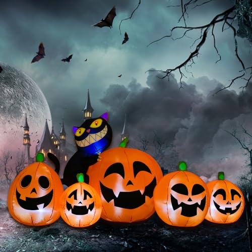 Double Couple 8FT Long Halloween Inflatables Outdoor Decorations 5Pcs Pumpkins with Black Cat Built-in Led Light Yard Inflatables for Garden Lawn Decor