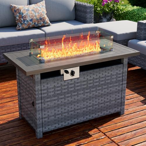 Fire Pit Table with Wind Guard for Outdoor, Auto-Ignition Propane Gas Firepits Rattan Rectangular Table for Outside Patio 60,000 BTU, Gray