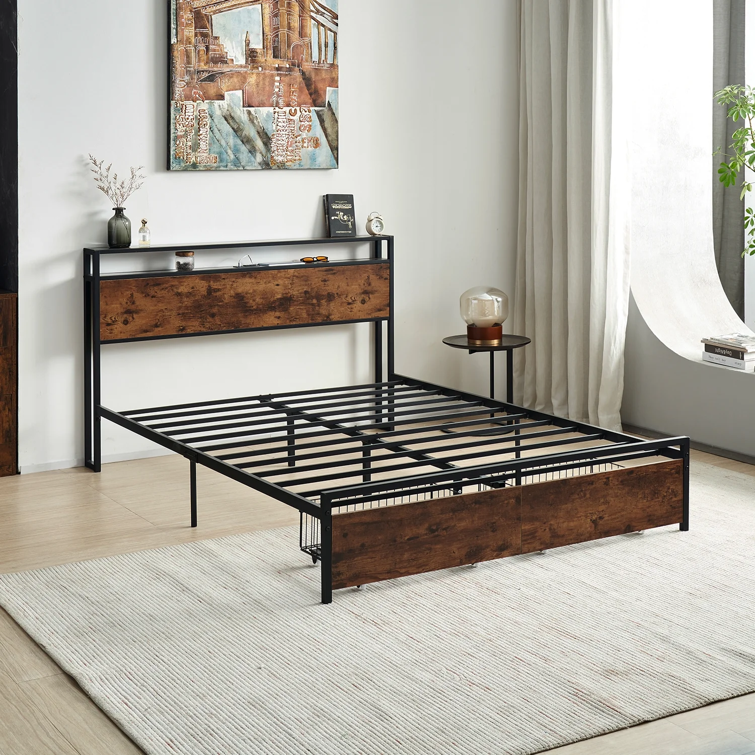 Tzicr QUEEN Size Bed Frame with Storage,Metal Platform Bed Frame with 2 Tier Storage Headboard and Electrical Outlet,USB Port Charging Station,Easy to Assemble,No Springs Required (Brown)