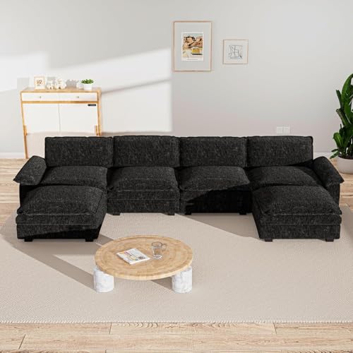 mestyl 3 Seat Sectional Sofa, Couch with Movable Ottoman, Chenille Modular Sofa with Removable Pillows and Layer Cushions, Suitable for Living Rooms, Bedroom, Offices, and Apartments, Black