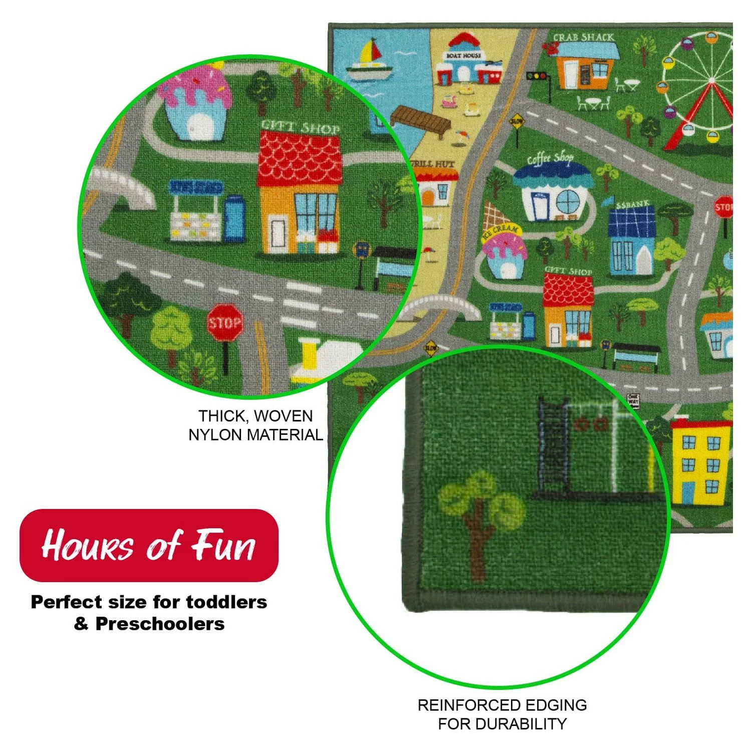 Delta Children Kids Large Road Map Activity Rug, 54-inch L x 39-inch W, Beach Town/Green