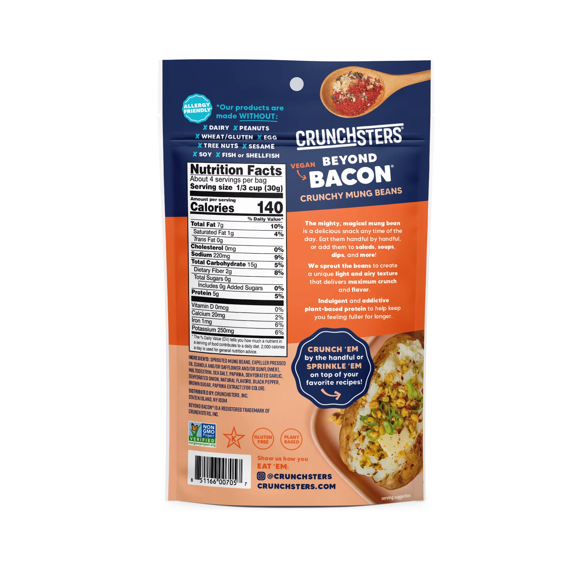 Crunchsters - Sprouted Protein Snack - Beyond Bacon 4oz 6-Pack